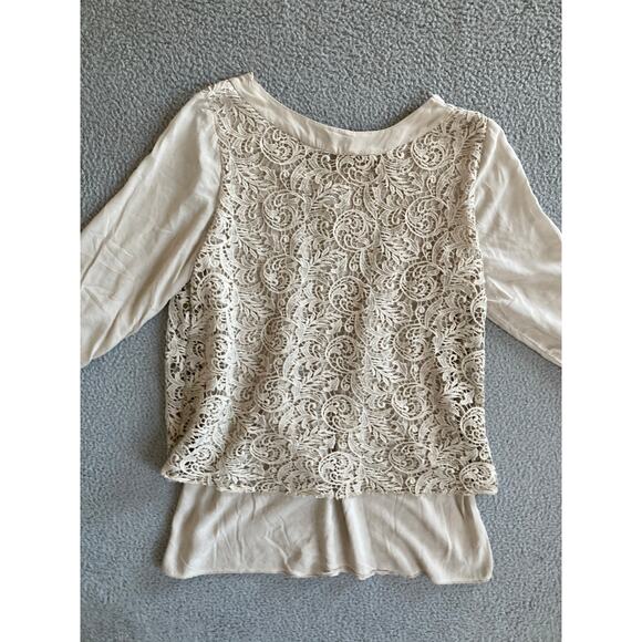 Piazza Roma Top Large Crochet Lace Lined Long Sleeve Cream Boho Beach Shirt - Picture 3 of 11